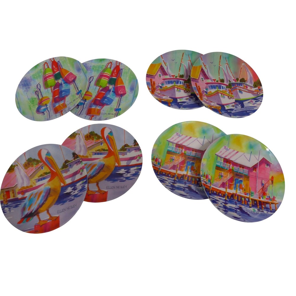 Ellen Negley Melamine Plates Set of 8 Coastal Watercolor Art Pelican Buoy‎ Multi